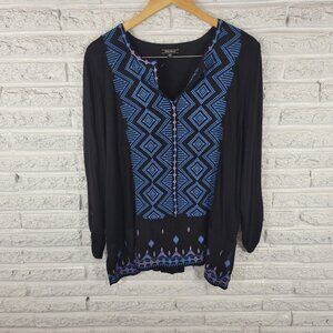 Lucky Brand Womens Top 3X Plus Tunic Roll Tab Sleeve Blue Geometric GEO170E